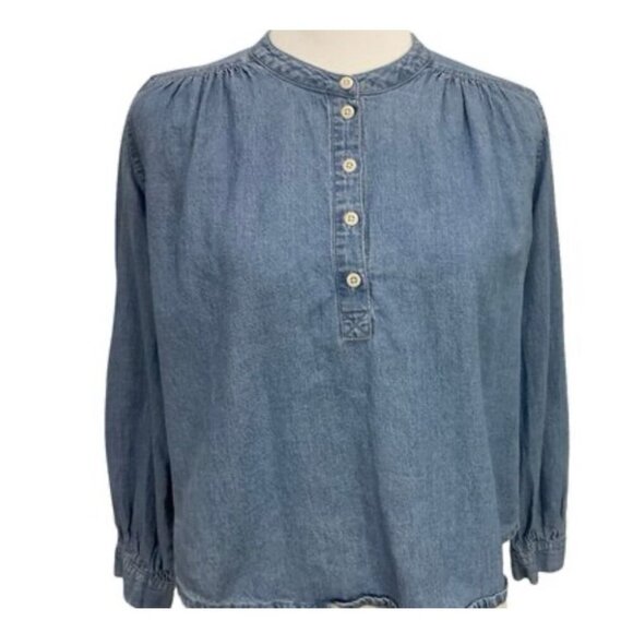 Madewell S Denim Shirred Popover Top Long Sleeve Button Front Emmie Wash Light - Picture 1 of 7